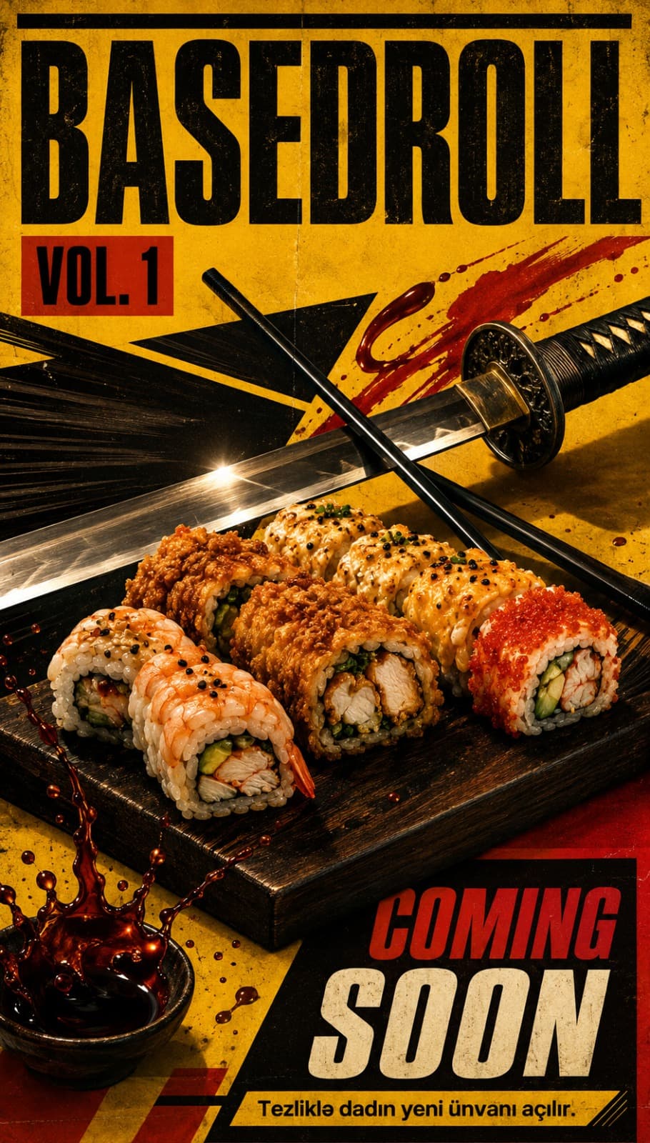Sarı fonda katana və taxta lövhədə rollar